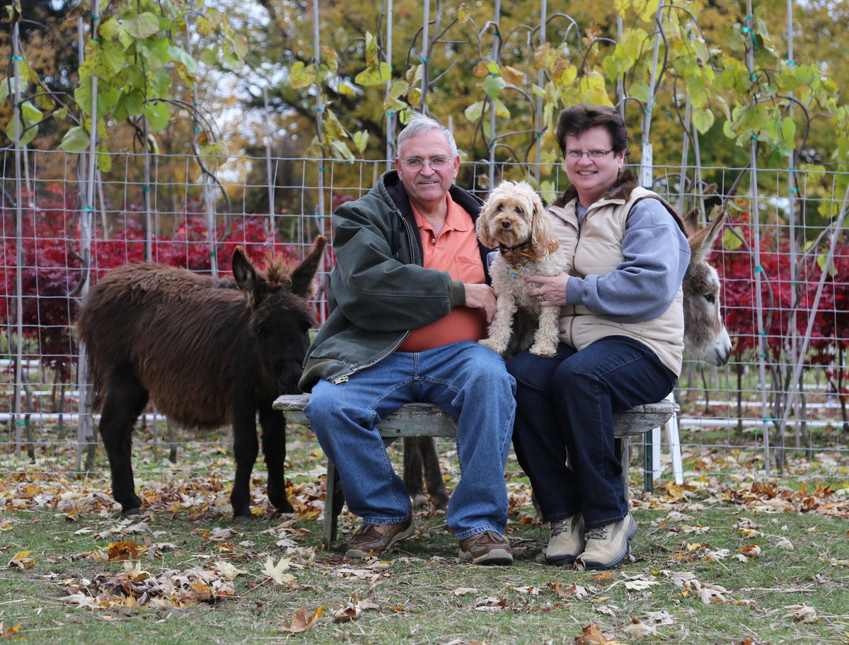 Mike and Pam with the donkeys and the little yellow dog.