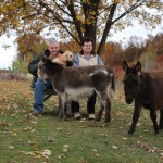 Mike & Pam McGroarty with the donkeys and their little yellow dog.