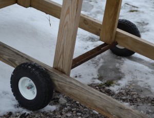 Portable axle and wheels for a potting bench.