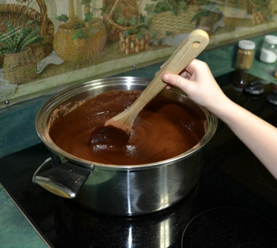 All blended nicely, but still not boiling. No, he is not making fudge on a hot stove, just holding the spoon for the photo.