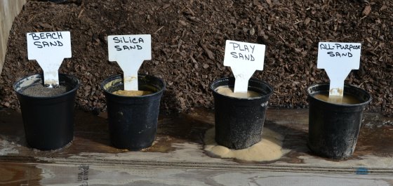 Testing different kinds of sands for drainage for plant propagation.